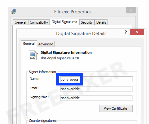 Screenshot of the uvnc bvba certificate